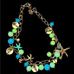J Crew Bubble Chunky Starfish Green Blue Charm Gold Tone Adj. Necklace 30"